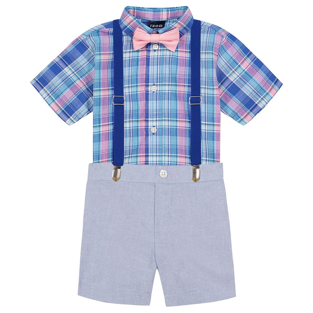 NEW‼️Toddler Boy IZOD 4 Piece Suspenders Shirt Set Cotton Blend Summer F…